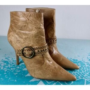 JOEY O Leather Ankle Boots Studded Buckle Pointed Toe Stiletto Heel 8.5M‎ BOHO